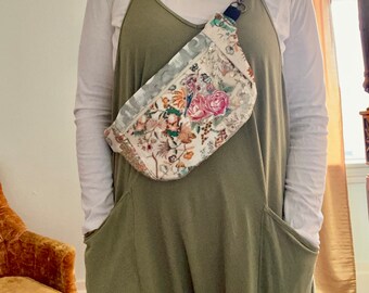 Pretty patchwork sling bag with flowers and blue bird and vintage lace