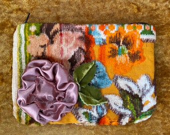 Vintage velvet zipper bag with pink satin flower appliqué clutch