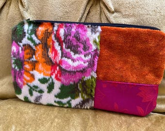 Pretty cut velvet floral pink and orange flower zipper pouch