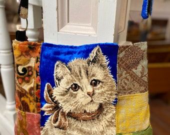 Fun patchwork carpet bag with a cute cat vintage velvet