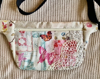 Pretty patchwork sling bag with flowers and butterflies and vintage lace