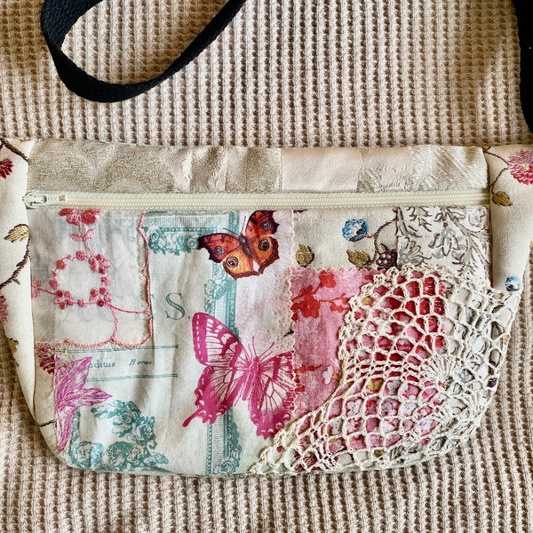 Pretty patchwork sling bag with flowers and butterflies and vintage lace