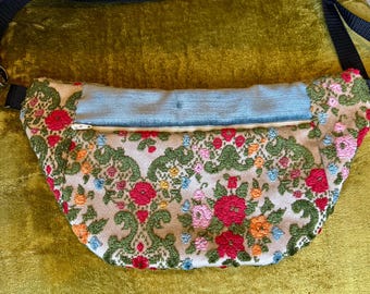 Fun vintage velvet bright floral sling bag pink, oranges, and blues