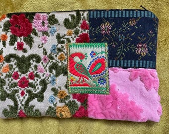 Pretty cut velvet floral pink and blue  flower zipper pouch