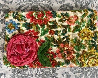 Vintage floral tapestry zipper bag with pink velvet flower appliqué