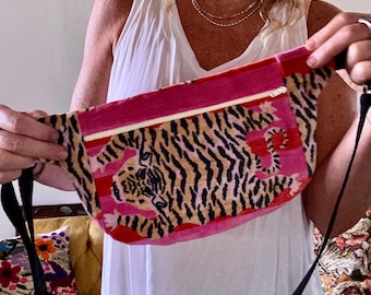 Fun pink and orange velvet tiger sling bag