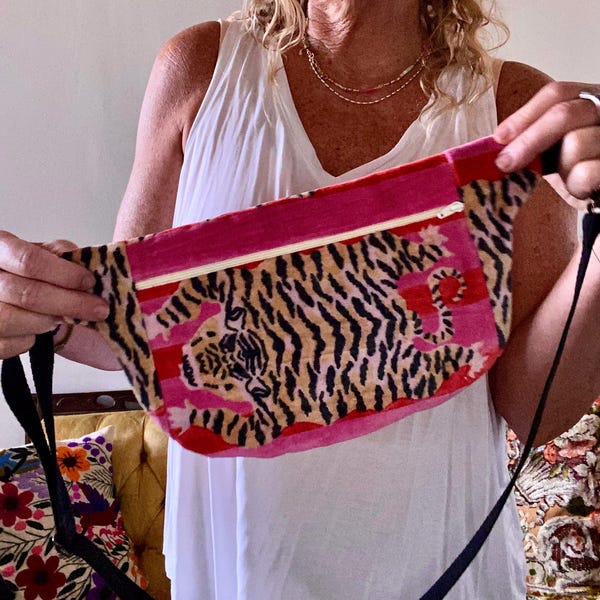 Fun pink and orange velvet tiger sling bag