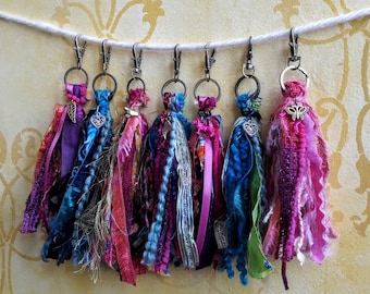 Tassel key chain / purse charm / blues green/ purple pink/ pink white/oranges, ribbon tassels pick color and charm
