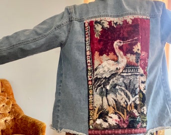 Fun denim jacket with vintage velvet  back and a bird upcycled embellished jacket