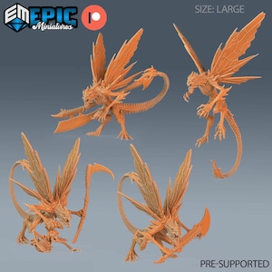 May include: Four orange miniature figures of winged, skeletal creatures with long tails and sharp blades or scythes. The text Epic Miniatures, Size: Large, and Pre-Supported is visible. Each creature has a distinct pose, with some standing and others crouching.