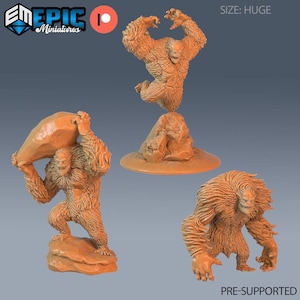 May include: Three 3D printed, pre-supported, orange plastic miniatures of a large, hairy, ape-like creature in different poses. The creature is holding a rock in one pose, leaping in another, and standing in a third pose. The text "SIZE: HUGE" and "PRE-SUPPORTED" are visible in the image.