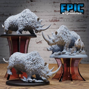 Op de afbeelding: Drie gedetailleerde miniatuur sculpturen van wollige neushoorns, geschilderd in lichtgrijs, worden getoond op aparte sokkels. De sculpturen zijn in verschillende houdingen geposeerd, met één neushoorn die naar voren stormt, een andere die staat met zijn hoofd naar beneden en de derde die staat met zijn hoofd omhoog. De sculpturen zijn allemaal gemaakt van hoogwaardig hars en zijn perfect voor tabletop gaming of voor tentoonstelling.