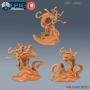 Puede incluir: Una miniatura impresa en 3D de una criatura hecha de zarcillos carnosos y una boca abierta. La criatura está en una postura dinámica y agresiva. La miniatura está pre-soportada y viene en tamaño grande.  TAMAÑO: GRANDE PRE-SOPORTADO