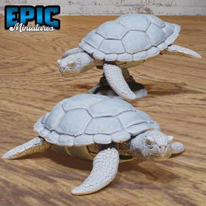 Könnte beinhalten: Zwei graue bemalte Schildkrötenfiguren. Die Schildkröte links geht mit erhobenem Kopf nach vorne. Die Schildkröte rechts liegt auf dem Bauch mit dem Kopf zur Seite gedreht.