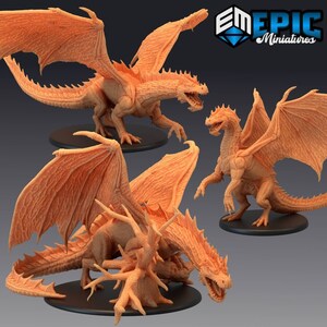 May include: Three miniature orange dragons in various poses. The dragons have detailed scales and wings. The dragons are posed on circular bases.