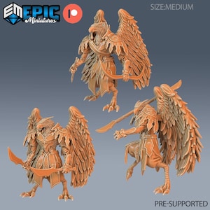 May include: A 3D printed miniature of a humanoid creature with a bird head and wings, wearing armour and holding a sword. The miniature is pre-supported and comes in a medium size.