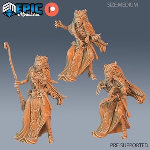 Könnte beinhalten: Drei 3D-gedruckte Miniaturfiguren einer weiblichen Figur, die eine lange Robe mit aufwendigen Details trägt. Die Figuren befinden sich in verschiedenen Posen, eine hält einen Stab, eine mit ausgestreckten Armen und eine mit einer erhobenen Hand. Die Figuren sind vorgesichert und bereit zum Drucken.