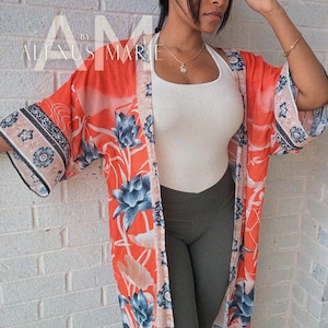Flamingo Sheer Kimono | Boho Beach Cover-Up | Lightweight Vacation Kaftan | Floral Print Kimono Robe | Sheer Long Kimono for Women