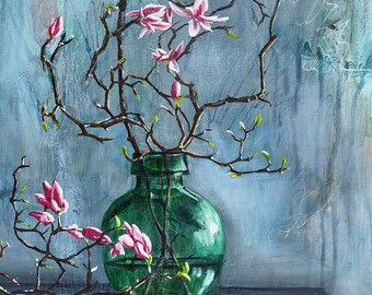 Stillleben, Ölmalerei, Magnolie, Blumen, Vase, abstrakt, Wandkunst, zeitgenössisch