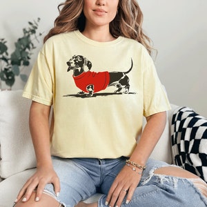 May include: A yellow t-shirt featuring a black and white illustration of a dachshund wearing a red sweater.