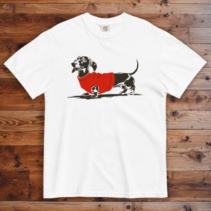 May include: White t-shirt featuring a black and white illustration of a dachshund wearing a red jumper.