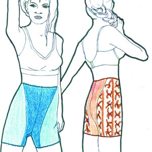 May include: Line drawing of a woman wearing a blue and green high-waisted undergarment with a lace trim. The drawing is in pencil and colored with colored pencils. The drawing is labeled "Difficulty" with four stars.