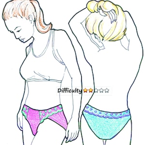 Puede incluir: Dos mujeres usando ropa interior. Una lleva ropa interior rosa con encaje verde y blanco. La otra lleva ropa interior turquesa con encaje azul y blanco. El texto "Dificultad" con tres estrellas doradas y tres estrellas blancas es visible debajo de las mujeres.