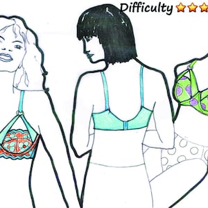 Könnte beinhalten: Drei Illustrationen von Frauen, die verschiedene Arten von BHs tragen. Die BHs sind alle mit Blumen oder Punkten gemustert. Der Text "Schwierigkeit" mit fünf Sternen befindet sich oben im Bild.