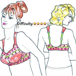 Könnte beinhalten: Eine Zeichnung eines roten BHs mit einem Blumenmuster. Der BH hat grüne Träger und ein Kirschendesign. Der Schwierigkeitsgrad wird mit fünf Sternen bewertet.