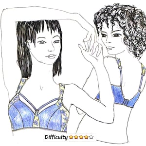 以下が含まれることがあります： 2人の女性が花柄の青いブラジャーを着ている線画。左側のブラジャーはクロスデザイン。右側のブラジャーはシンプルなデザイン。難易度評価は星5つです。