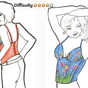 Puede incluir: Dos ilustraciones de mujeres que llevan diferentes estilos de corsés. El primer corsé es rojo con detalles florales y el segundo es azul con un patrón de margaritas. El texto "Dificultad" está escrito sobre las imágenes con cinco estrellas.