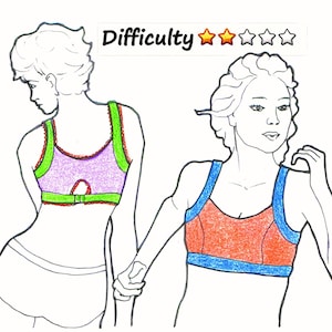 Op de afbeelding: Lijntekening van twee vrouwen die verschillende soorten sportbeha's dragen. De beha links is groen, roze en paars. De beha rechts is rood, blauw en wit. De tekst "Moeilijkheid" staat boven de afbeelding met drie gouden sterren en twee witte sterren.