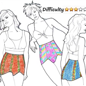以下が含まれることがあります： カラフルな模様のハイウエストボトムが3種類。ボトムは水着に使えそうな生地で作られています。画像の上部には「難易度」という文字と、その横に星が4つ書かれています。