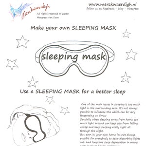 Op de afbeelding: Een zwart-witte illustratie van een slaapmasker met de tekst "sleeping mask" erop. De afbeelding bevat ook sterren en tekst die "Make your own SLEEPING MASK" en "Use a SLEEPING MASK for a better sleep" luidt.