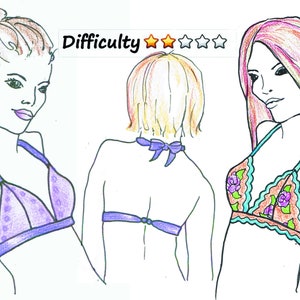 Op de afbeelding: Drie illustraties van vrouwen die verschillende soorten bh's dragen. De eerste bh is paars met witte stippen, de tweede is een simpele paarse bh en de derde is een turquoise en bruine bh met bloemenborduursel. De tekst "Moeilijkheid" staat boven de illustraties, gevolgd door vijf sterren, waarvan er twee goud zijn.