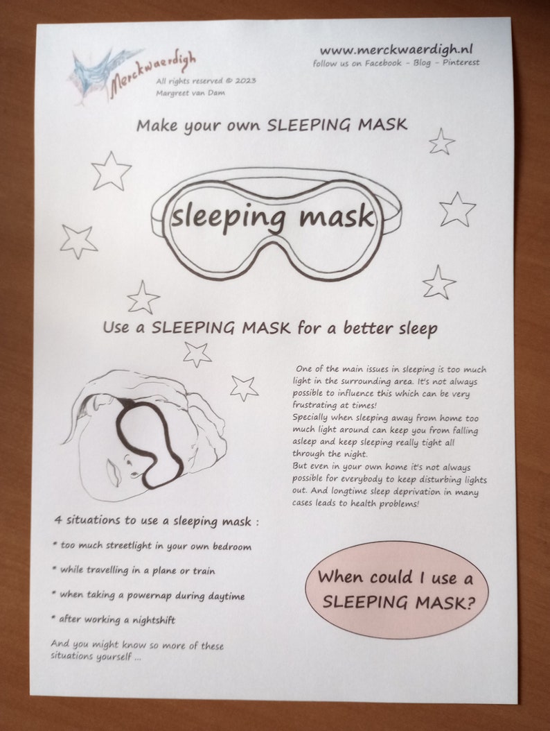 SLEEPING MASK digital Pattern Printable to make your own by Merckwaerdigh image 2