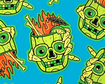 Adesivo in vinile Tropiskull da 4 pollici / Adesivo impermeabile e resistente alle intemperie con tema cocktail Tiki spettrale