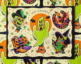 Yee Hawnt! Spooky Western Halloween Traditional Tattoo Flash Art Print 11x14"