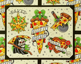 Pizza Traditional Tattoo Flash Art Print 11x14"