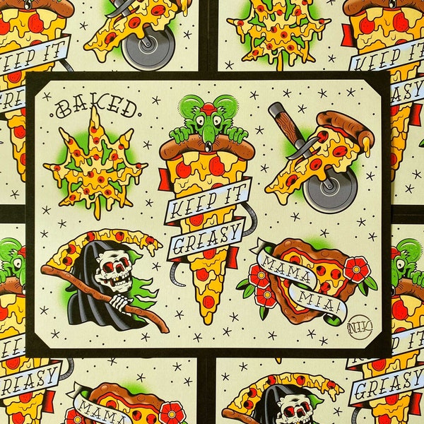 Pizza Traditional Tattoo Flash Art Print 11x14"