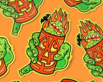 Pumpkin Tiki Drink 5" Vinyl Sticker | Spooky Jack-o-lantern Waterproof Weatherproof Sticker
