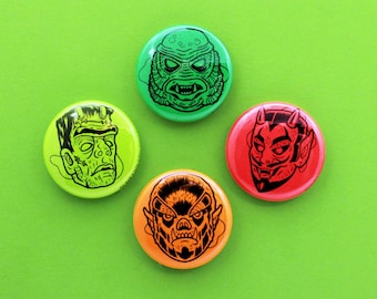 Halloween Monster Masks 1&quot; Pin Set | Full Color Horror Button Pins