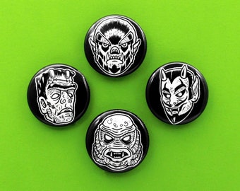 Halloween Monster Masks 1&quot; Pin Set | Black and White Horror Button Pins