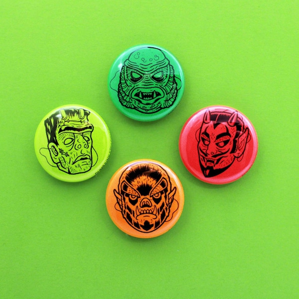 Halloween Monster Masks 1" Pin Set | Full Color Horror Button Pins