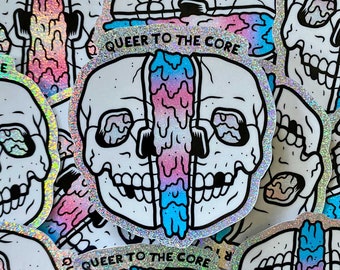 Queer To The Core 3" Vinyl Sticker | Trans Flag | Holographic Glitter Waterproof Weatherproof Sticker