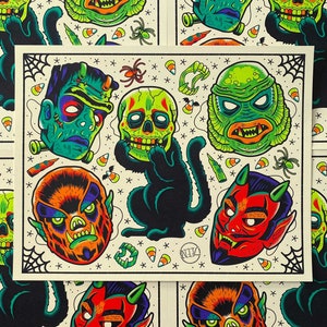 Vintage Halloween Trick Or Treat Masks Traditional Tattoo Flash Art Print 11x14"