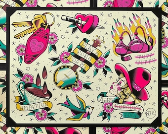 Stampa artistica con flash di tatuaggi tradizionali ispirata a Dolly, 11x14"