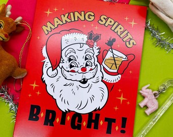 Biglietto di auguri natalizio "Rendere gli spiriti brillanti" con Babbo Natale ubriaco / Biglietto di auguri natalizi A2