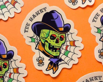 Adesivo in vinile da 3" di Halloween Cowboy / Adesivo impermeabile e resistente alle intemperie con teschio scheletro western spettrale