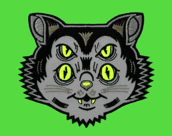 Dayglo Cat Embroidered Patch - Weirdo Kitty Embroidered Patch, Lowbrow Art Monster